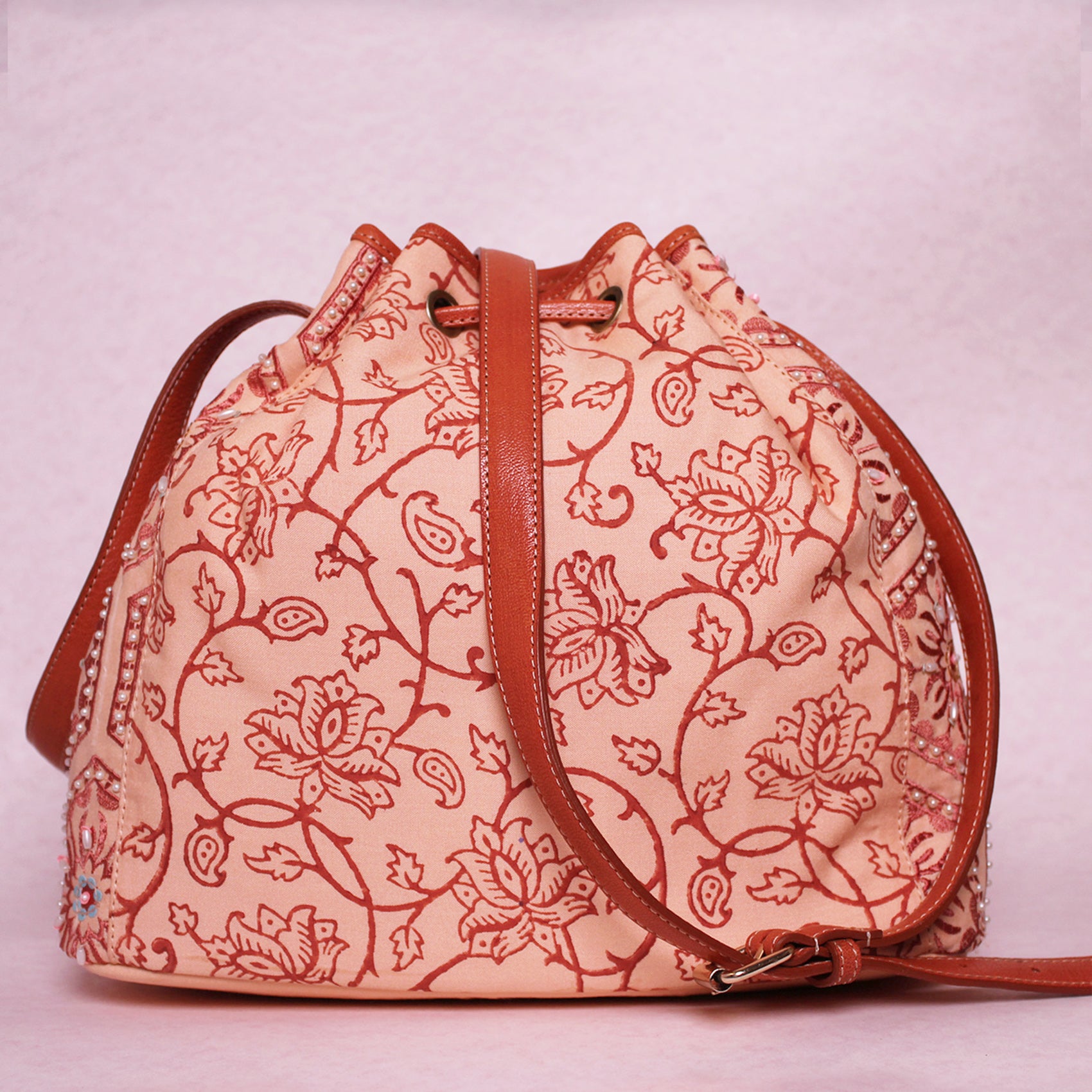 Peony Pinstripe Drawstring Bag