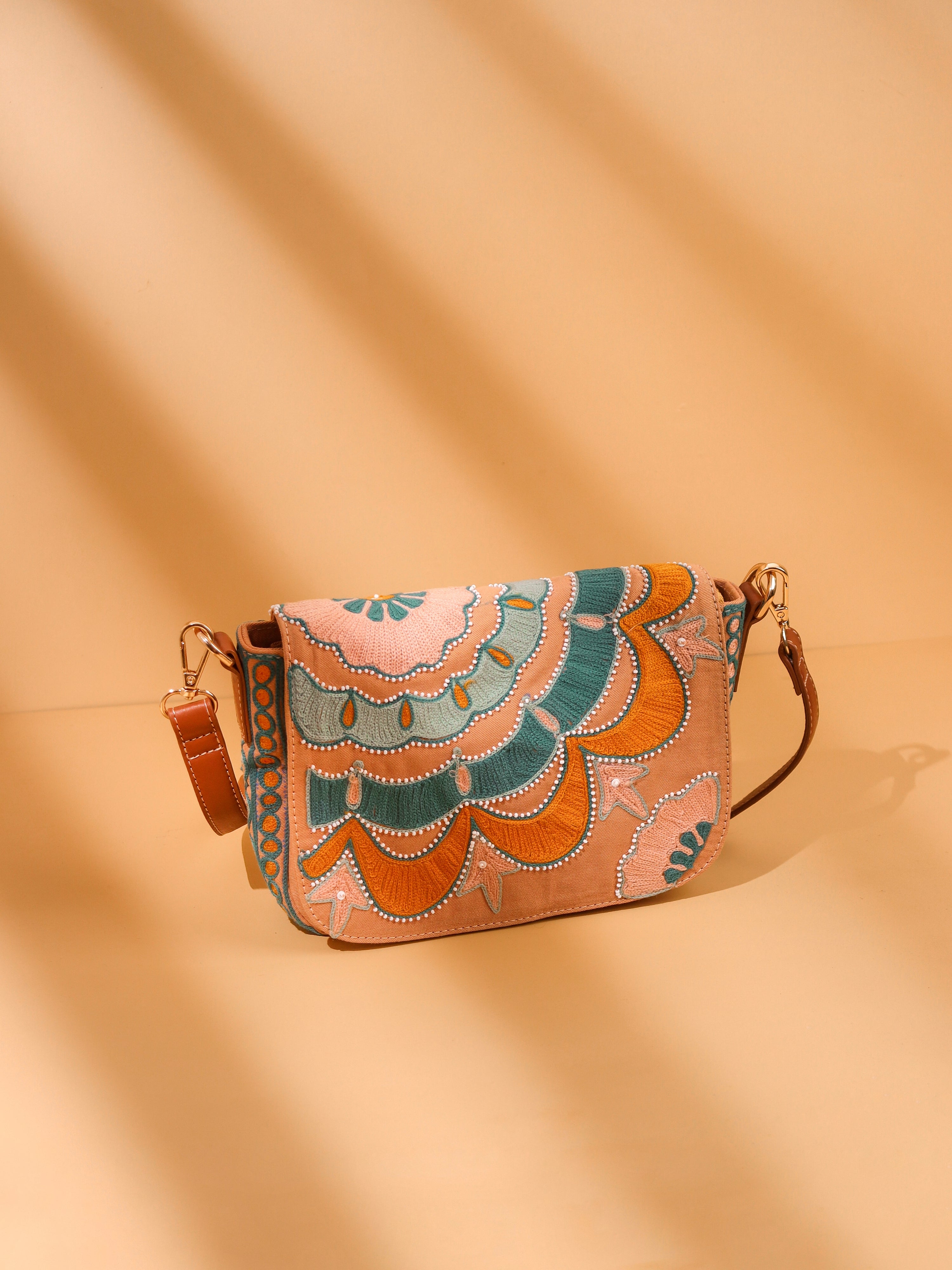 Colorful Embroidered Flap Over Shoulder Bag