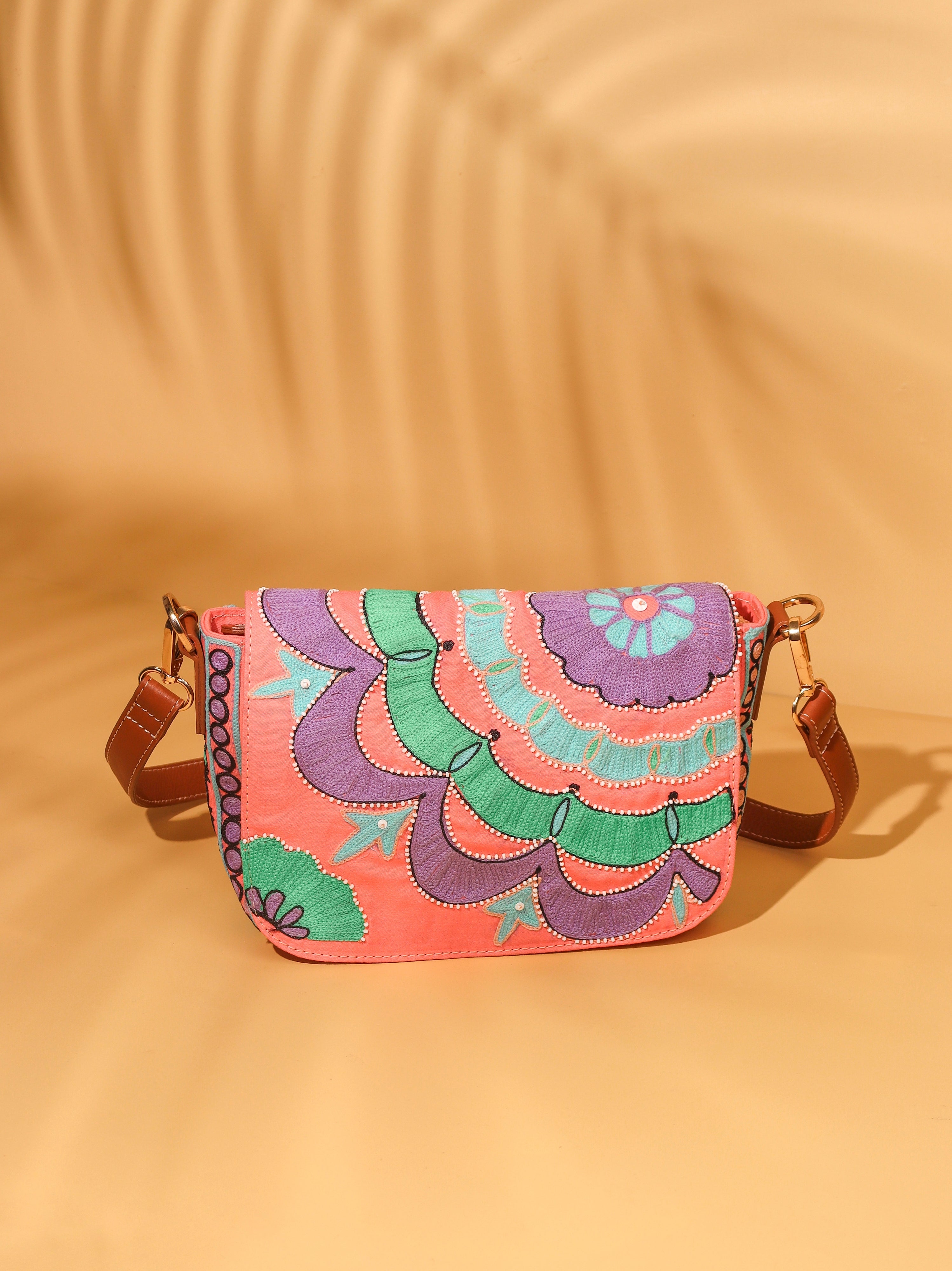 Vibrant Embroidered Crossbody Flap Bag