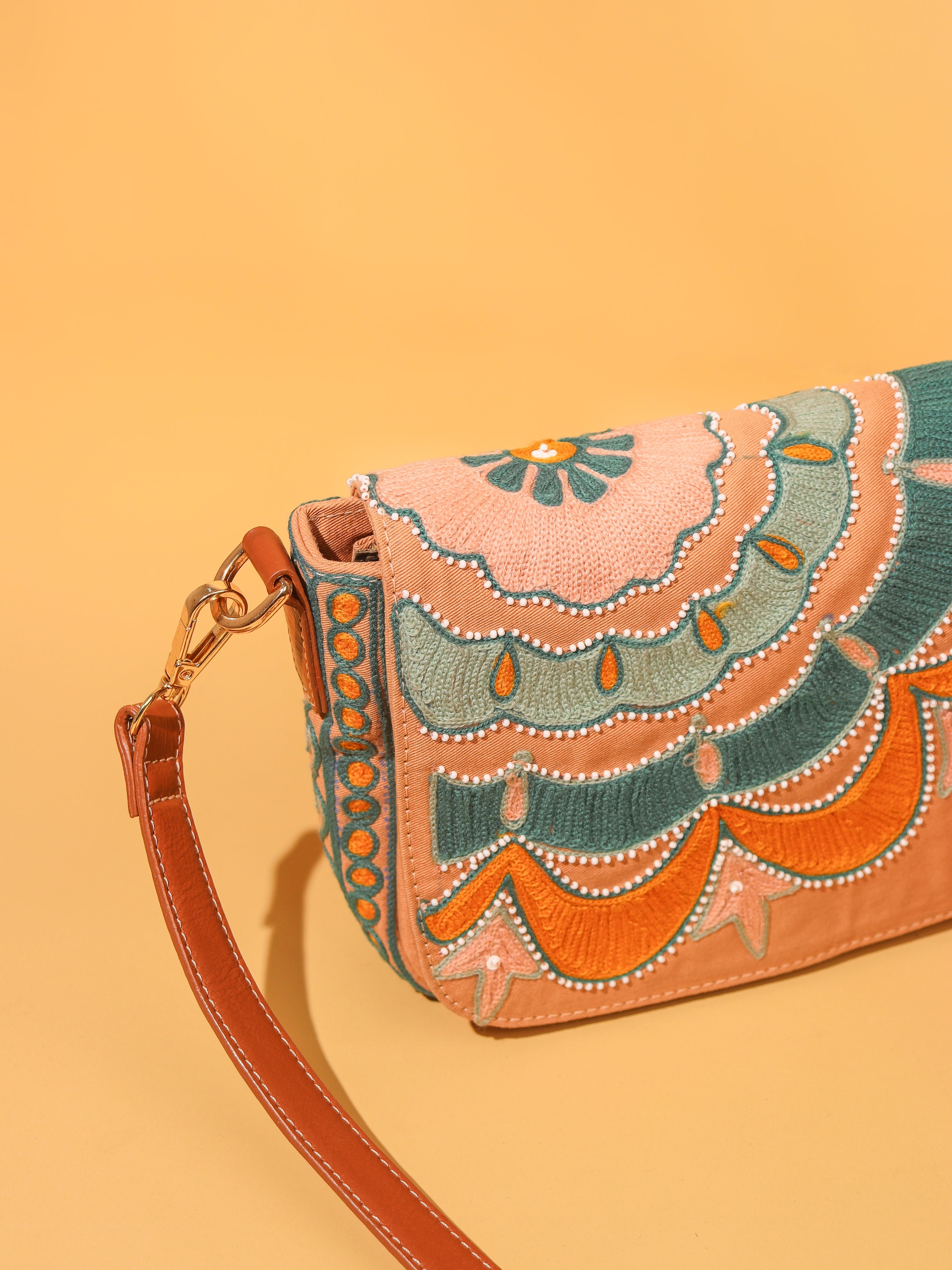 Colorful Embroidered Flap Over Shoulder Bag