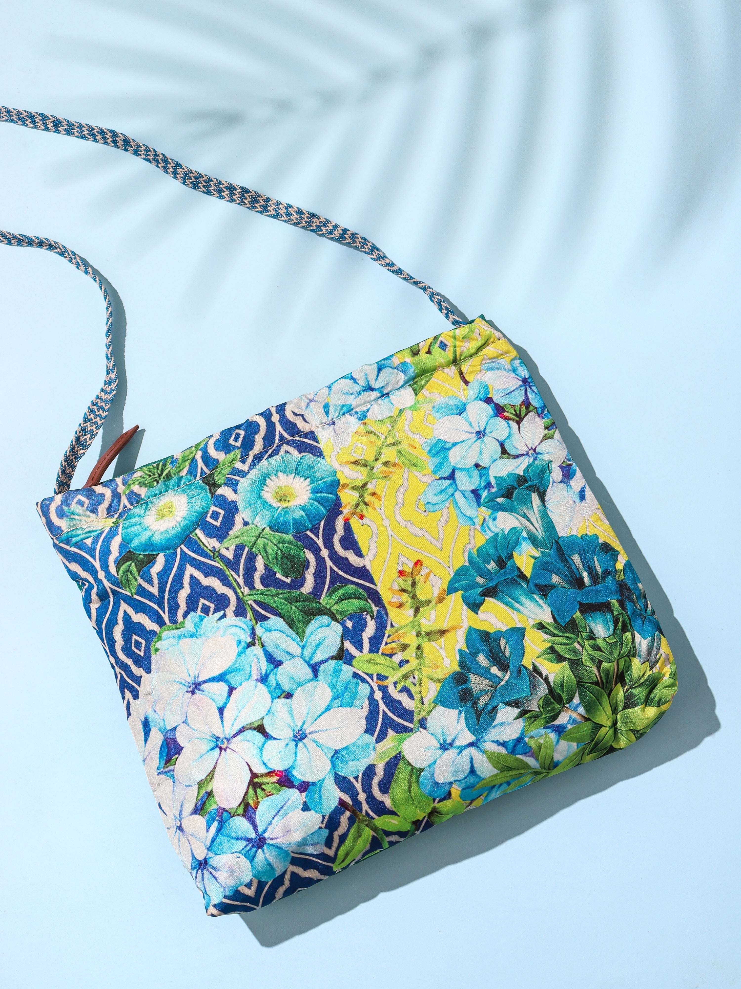 Blue & Yellow Patchwork Floral Faux Silk Sling Bag