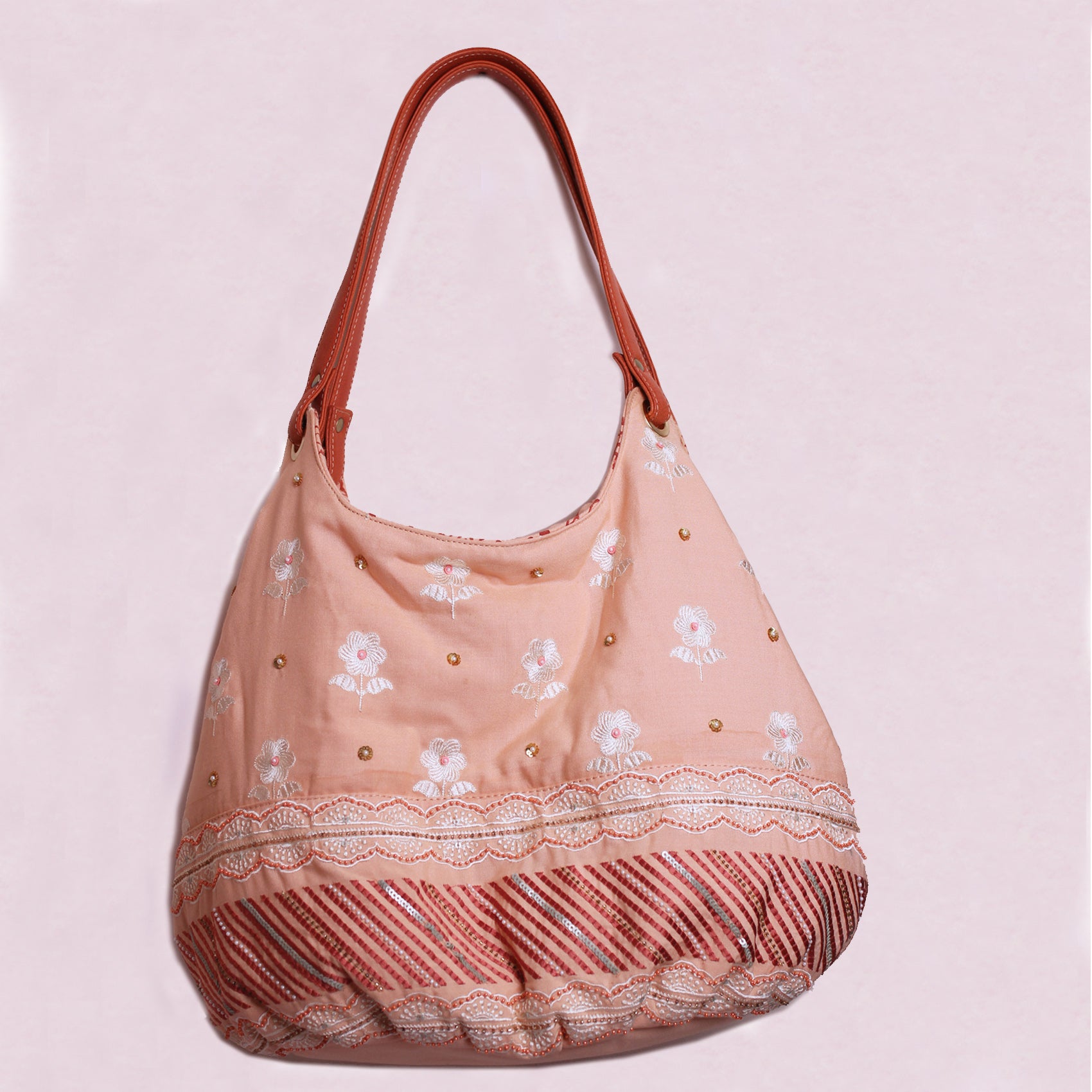 Hand-Embroidered Floral Hobo Bag