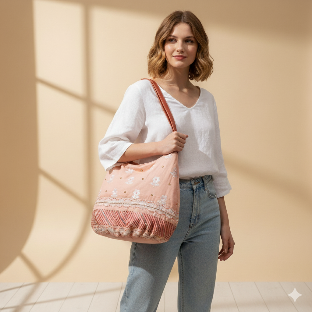 Hand-Embroidered Floral Hobo Bag