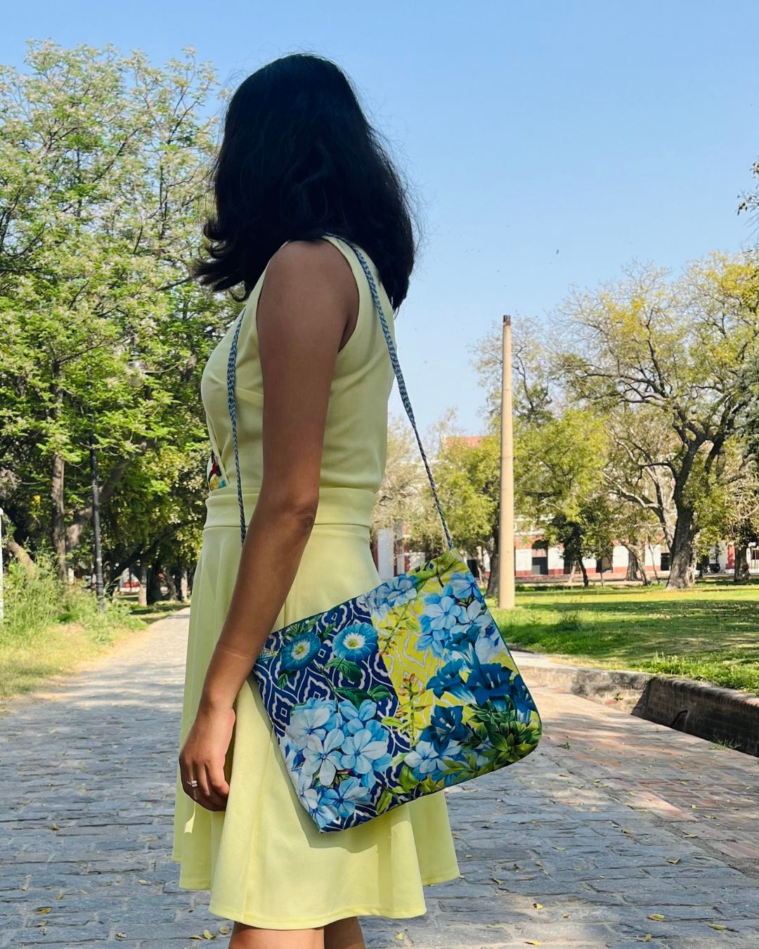 Blue & Yellow Patchwork Floral Faux Silk Sling Bag