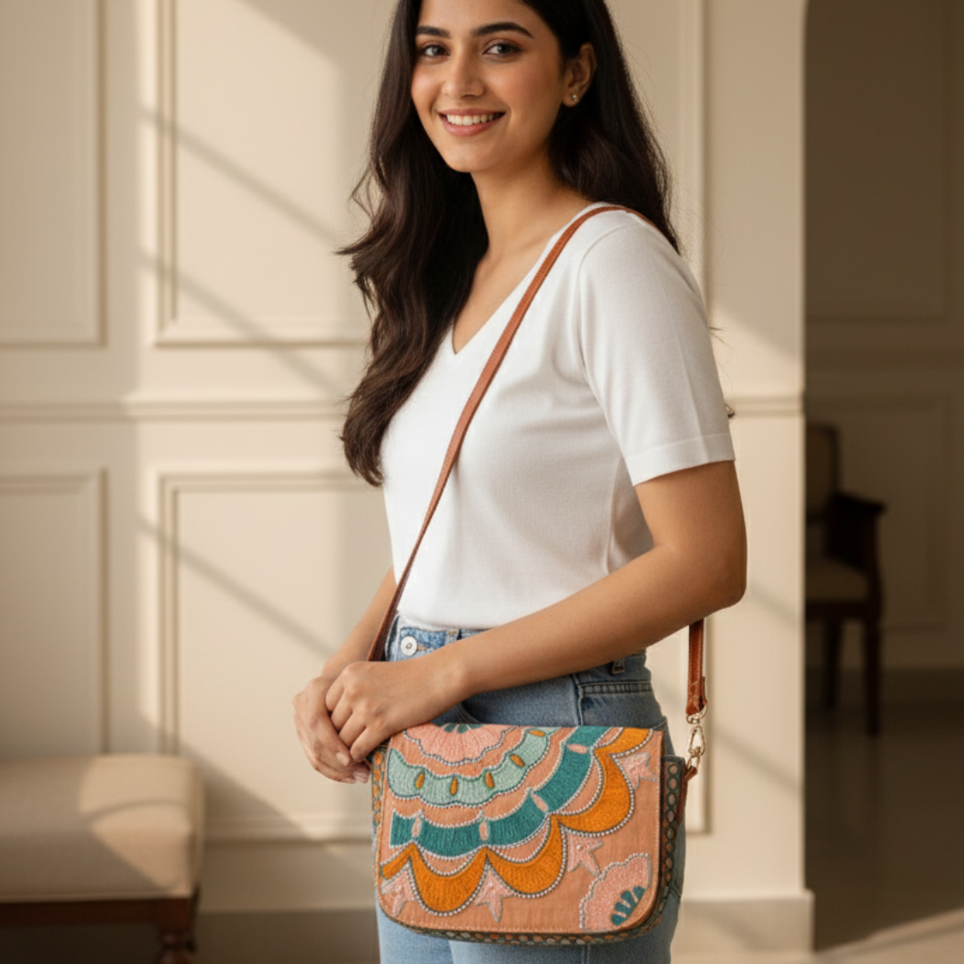 Colorful Embroidered Flap Over Shoulder Bag