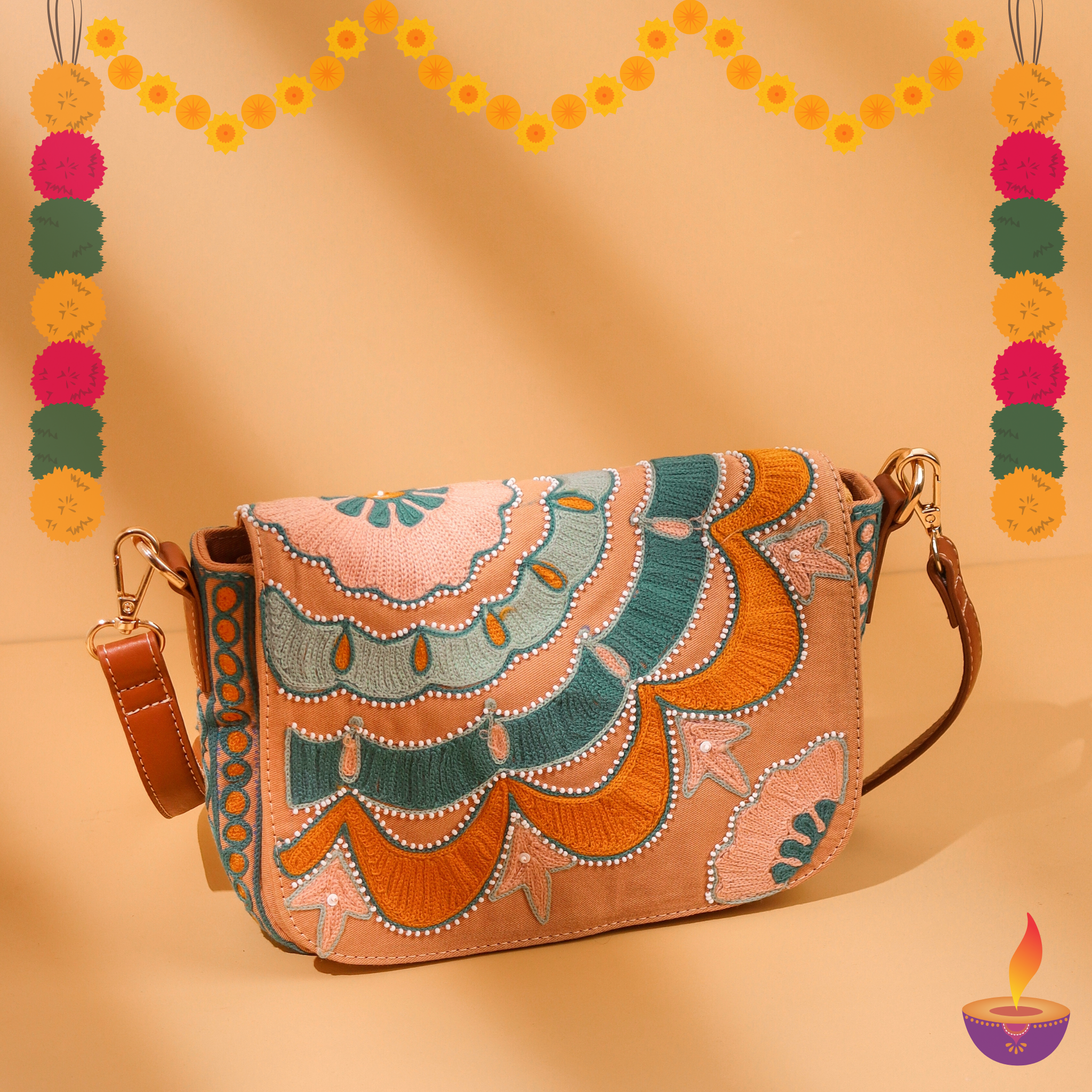 Colorful Embroidered Flap Over Shoulder Bag