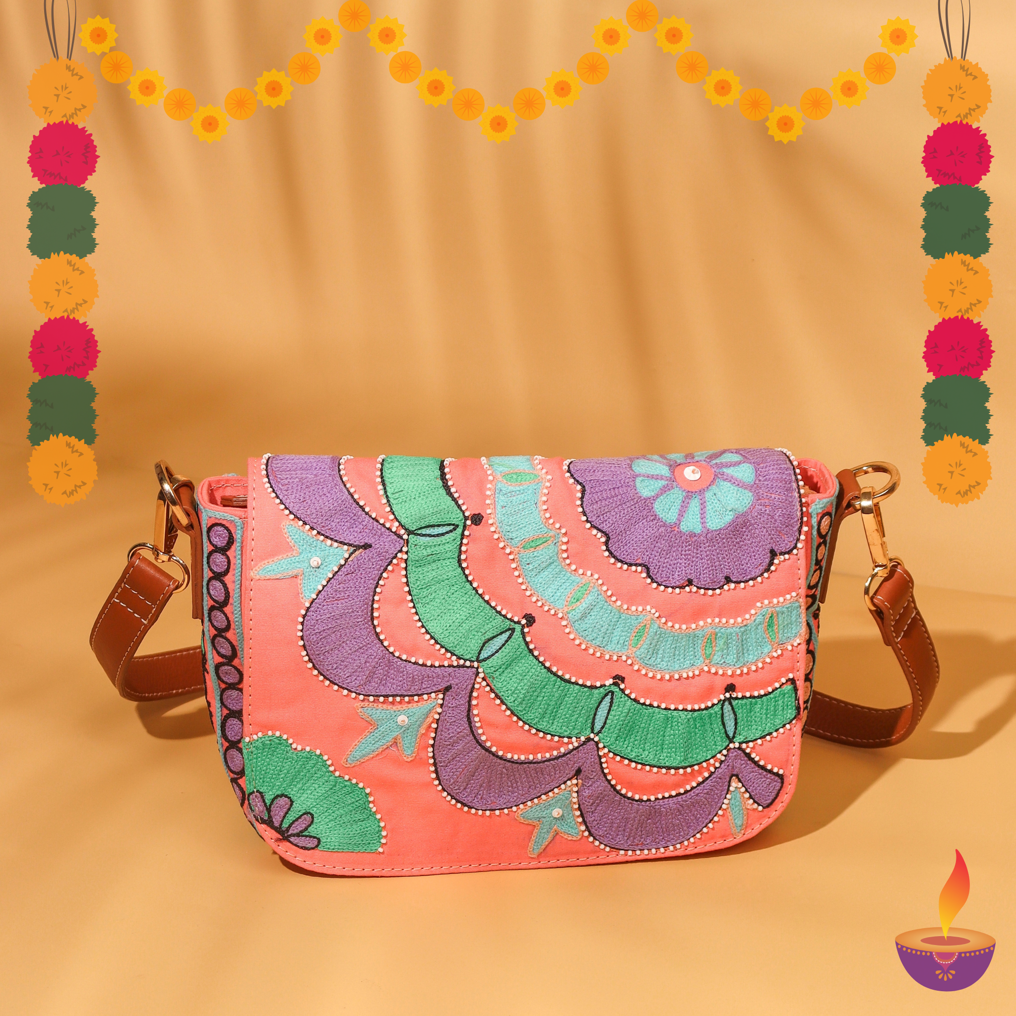 Vibrant Embroidered Crossbody Flap Bag