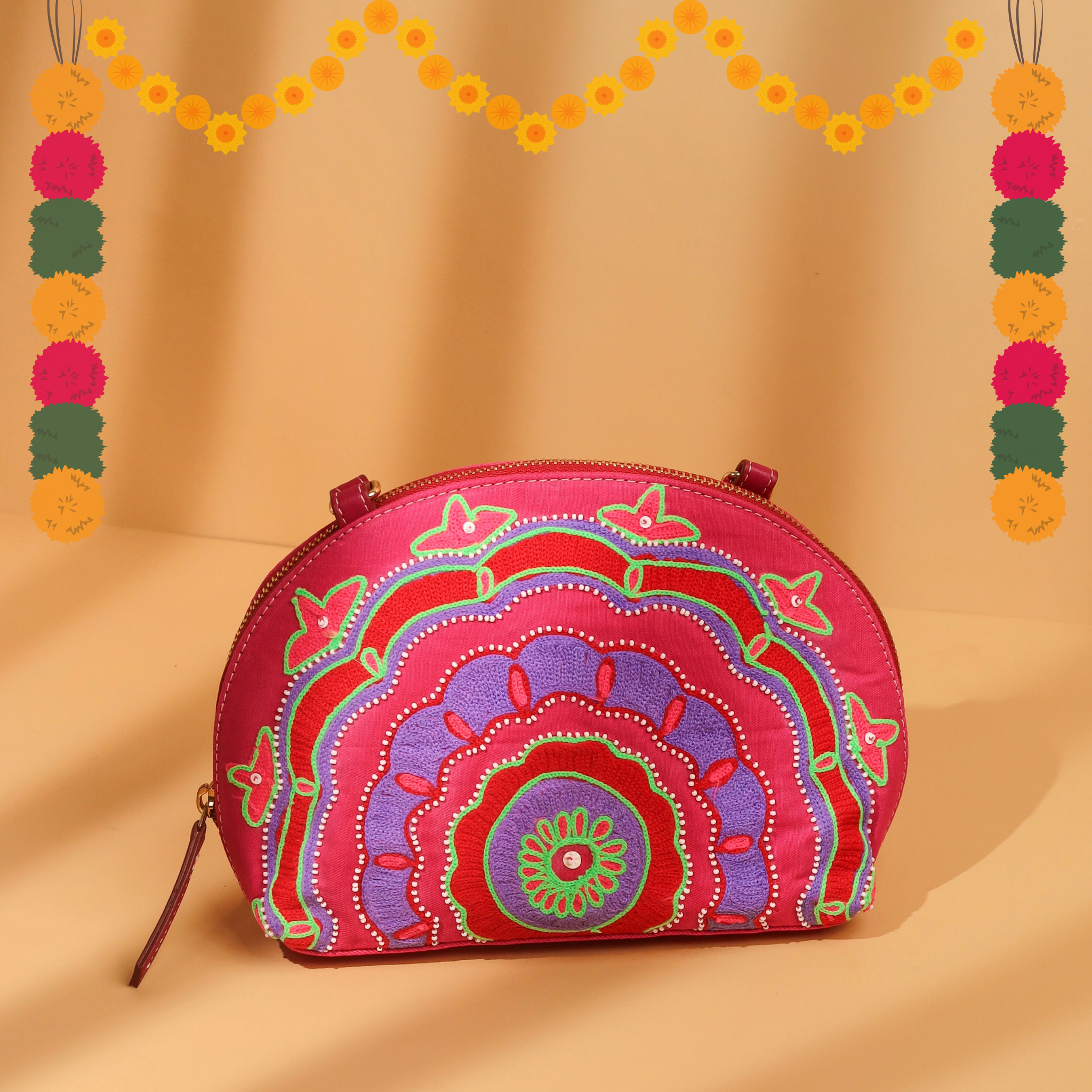 Vibrant Embroidered Half-Moon Bag
