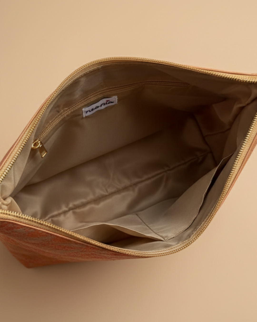 inside of a bag, beige lining
