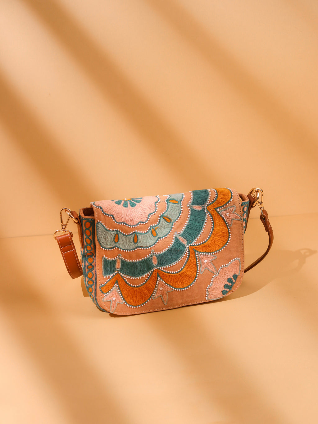 Colorful Embroidered Flap Over Shoulder Bag