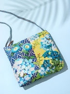 Blue & Yellow Patchwork Floral Faux Silk Sling Bag