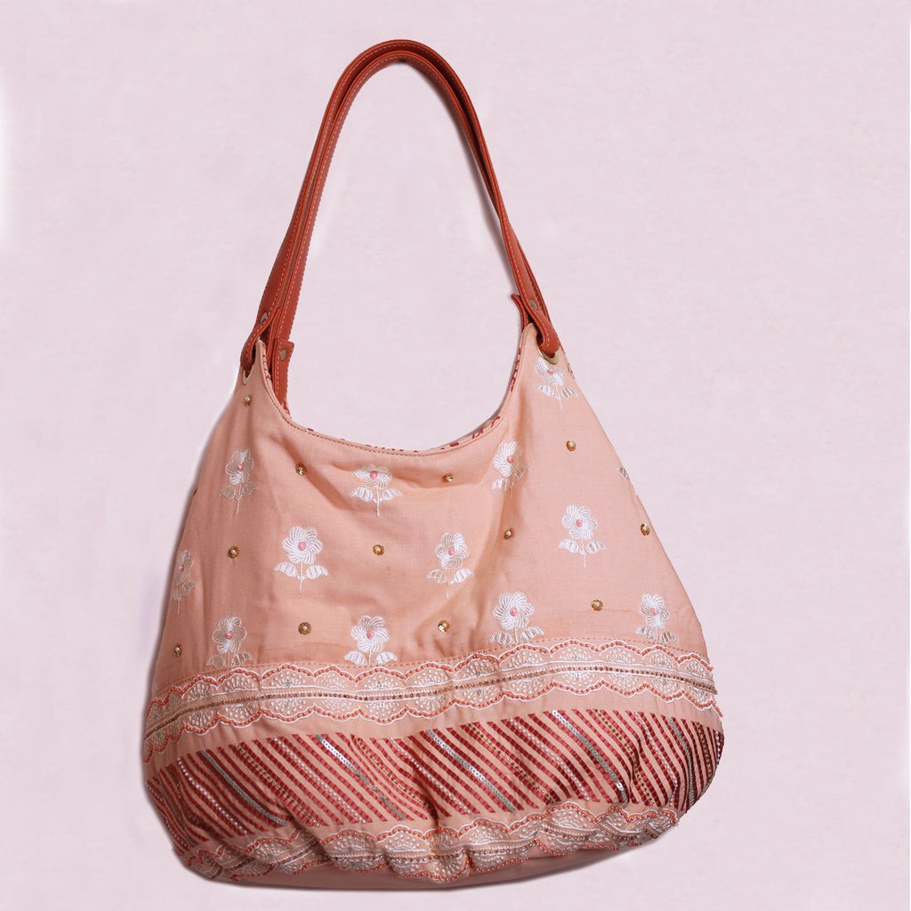Hand-Embroidered Floral Hobo Bag