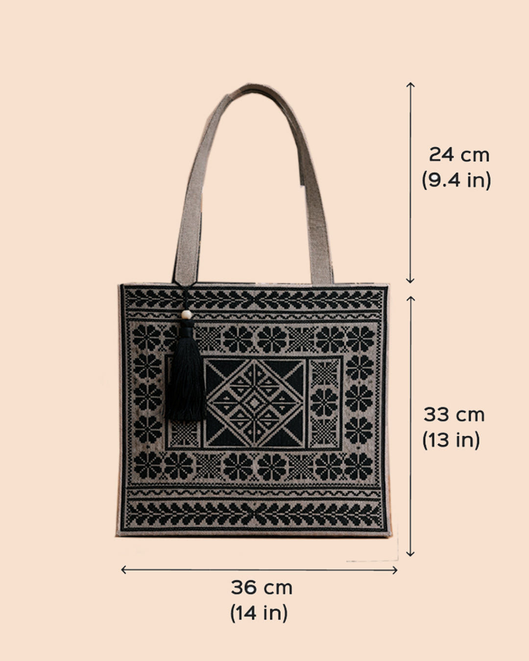 Black Kutch Embroidery on Camel Tote