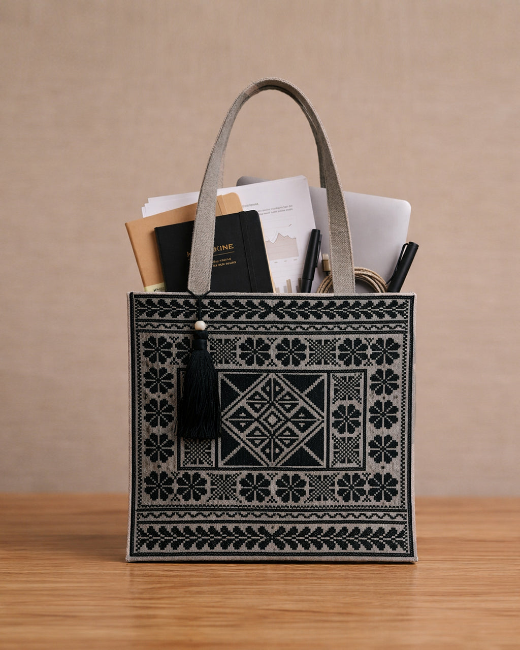 Black Kutch Embroidery on Camel Tote